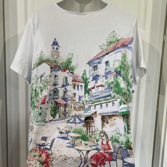 Alfred Dunner Plus Size 3X White Cafe Scenic T-Shirt Short Sleeve Rhinestone - Picture 8 of 10